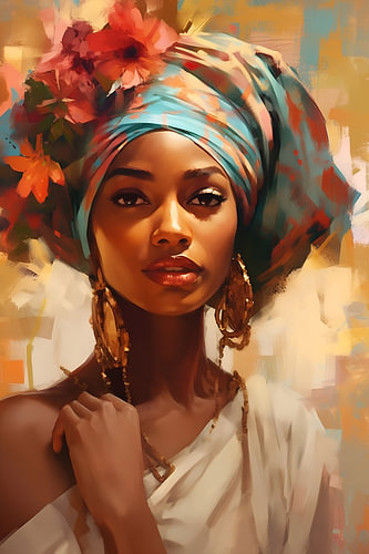 Femme africaine avec des fleurs orange et un turban
