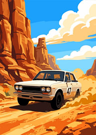 Vintage Datsun rally car racing through desert canyon, dusty trail by Adam Khabibi