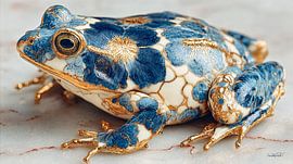 kikker in delfts blauw en goud op een wit marmeren achtergrond van Gelissen Artworks