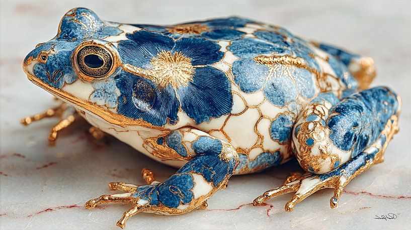 Frosch in Delfter Blau und Gold auf weißem Marmorgrund von Gelissen Artworks