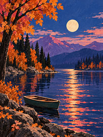 Ruderboot im Vollmond – Herbstnacht am See von Albert Klee