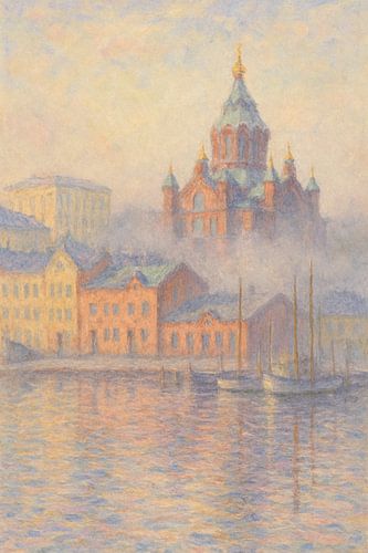 Helsinki haven in mist - Uspenski kathedraal gloeit