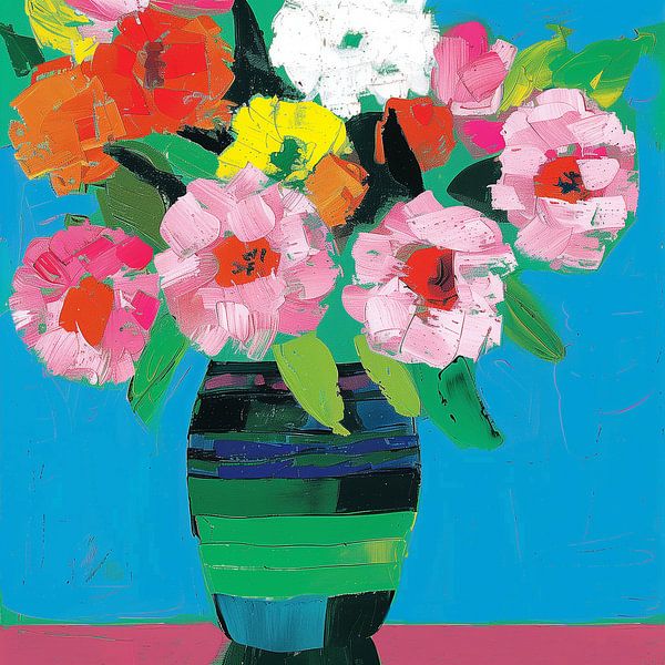 Bouquet floral vibrant dans un vase rayé sur fond bleu par Color Square