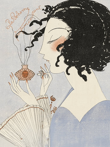 Art-Déco-Modeillustration einer eleganten Frau mit französischem Parfüm