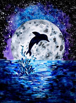 Delphin Ozean und Mond von Sebastian Grafmann