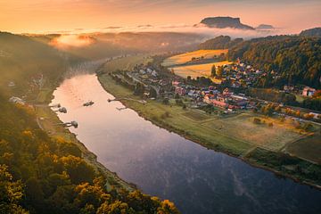 Sunrise over the Elbe with morning mist