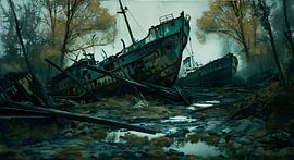 des bateaux rouillant dans la forêt
