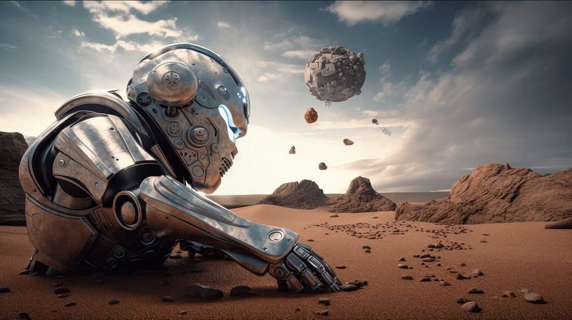 Glimmende robots in een buitenaards landschap van Eva Lee