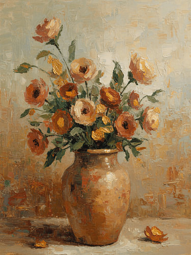 Rustikales Blumenstillleben in warmen, erdigen Farbtönen und Texturen