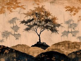 Golden tree in a Japandi landscape with warm golden hues by Studio Pieternel