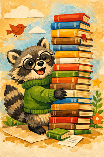 Wasbeer met Boekenstapel