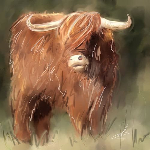 Digitaal artwork van schotse hooglander in groene omgeving