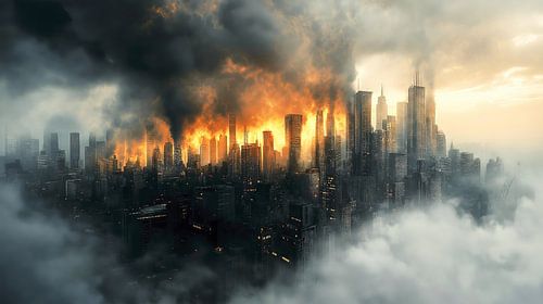 Brandende torenflats in de stad