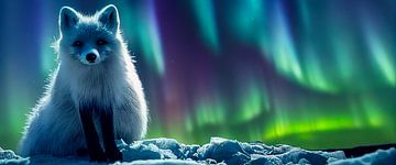 Arctic fox sitting in the Arctic with Aurora Borealis illustration by Animaflora PicsStock