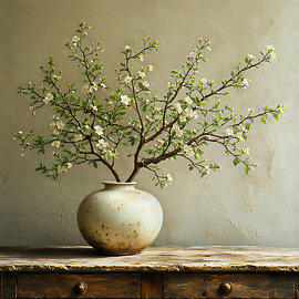A still life white beige pottery vase with blossom branches. by J.a Dijkstra