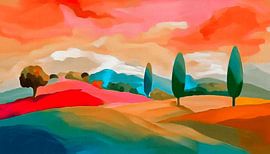 A colourful, abstract Tuscan hillside landscape with cypress trees in the evening sun by Studio Pieternel