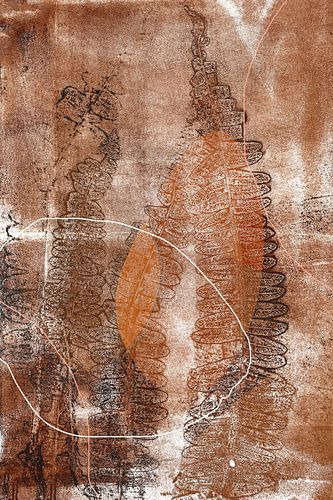 Abstract Botanisch. Varens in warm bruin, roestkleur en wit.