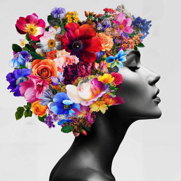 De pracht van bloemen in het haar van een vrouw van Poster Art Shop