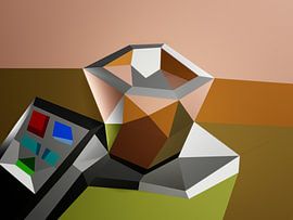 Tasse de café avec télécommande (2019) sur Pat Bloom - Moderne geometrische abstractie, surrealisme en deconstructivisme kunst