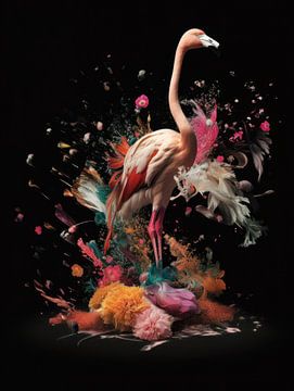 Flamingo in einer Explosion von Blumen und Farben von Eva Lee