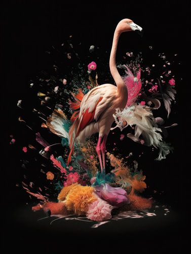 Flamant dans une explosion de fleurs et de couleurs