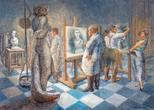 Artists at work in the academy. Oil painting