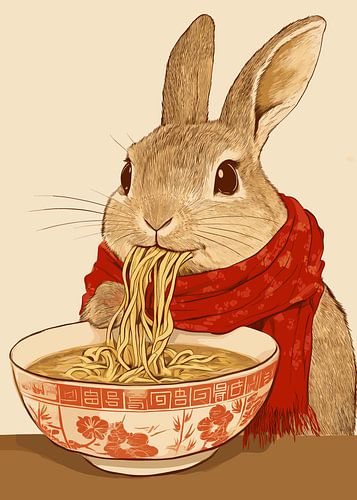 Konijn met rode sjaal genietend van ramen noedelsoep