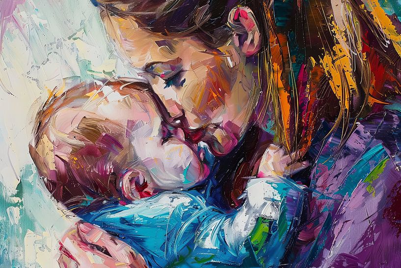Digitaal abstract schilderachtig portret fictieve vrouw en kind van Egon Zitter