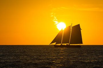 Verenigde Staten, Florida, Zeilschip met oranje zonsondergang hemel achter zeilen van Simon Dux