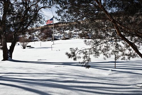 Amerikaanse vlag in een besneeuwd landschap