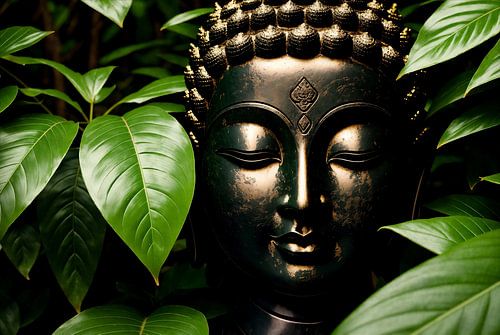 Boeddhabeeld zwart met groene bladeren gemaakt met Generative AI