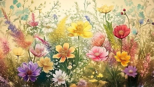 Klassiek bloemenveld schilderij in vintage kleuren