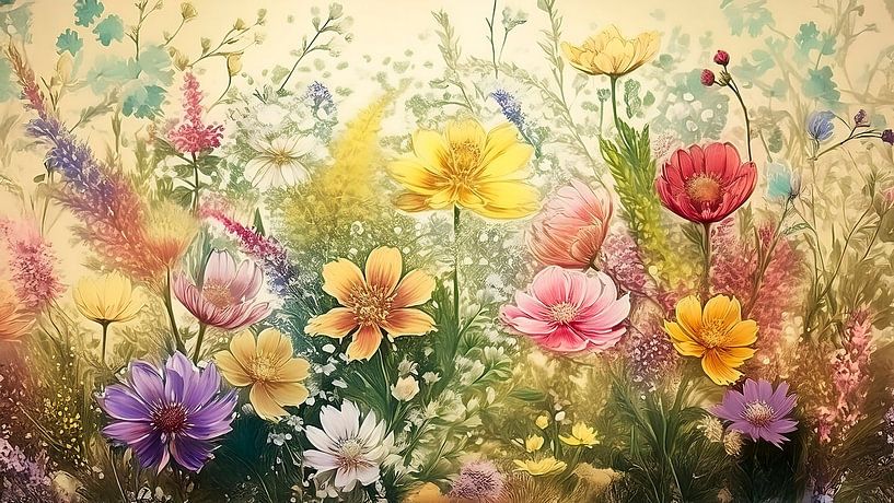 Classic flower field painting in vintage colours by Studio Pieternel