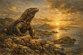 Peinture de paysage représentant le dragon de Komodo – Tableau sur toile représentant la faune indonésienne sur Vínculae