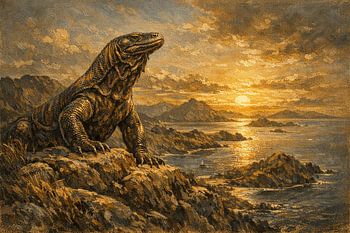 Komodo Dragon Heritage Landscape Painting – Indonesian Wildlife Canvas Art