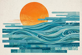 Oceaangolven en een stralend oranje zon in Japanse houtsnijkunststijl