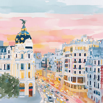 Aquarel van het stadsgezicht van Madrid – Illustratie van de zonsondergang op de Gran Vía