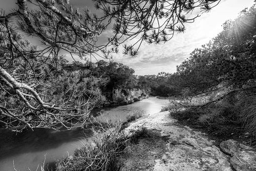 Mooie zwembaai op het eiland Menorca in het zonlicht. Zwart-wit beeld.
