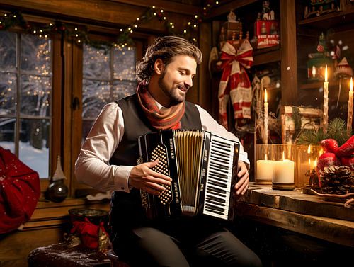 Un accordéoniste dans un chalet de Noël chaleureux