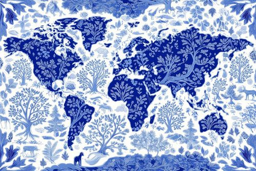 Wereld kaart in Delfts blauw van Maps Are Art