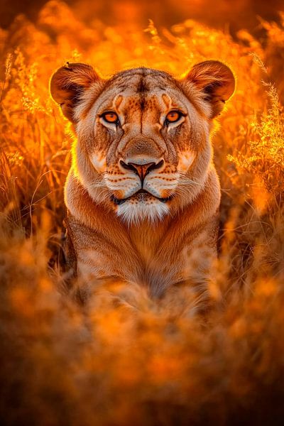 Powerful lioness in the golden grass by Poster Art Shop