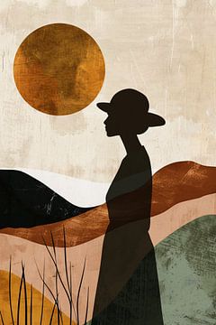 Vrouwelijk silhouet met abstracte natuur en warme kleuren van De Muurdecoratie