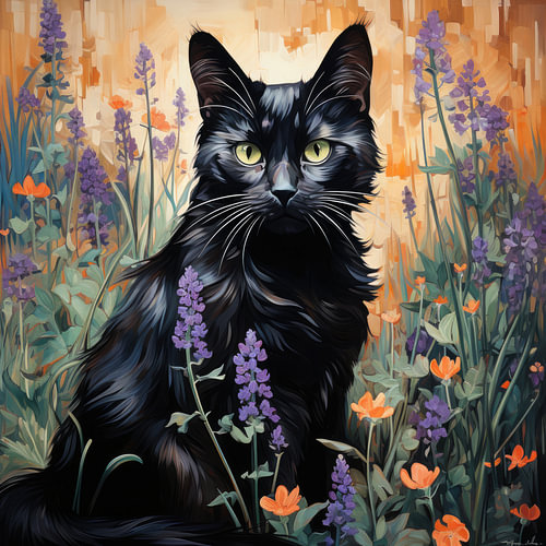 Zwarte kat in bloeiende tuin Tussen lavendel en zomerbloemen