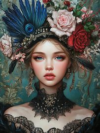 Woman Peacock | Rococo Woman with Peacock Feathers by ARTEO Paintings