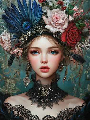 Frau Pfau | Rokoko Frau mit Pfauenfedern