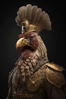 A portrait photo of a rooster / hen as a war hero