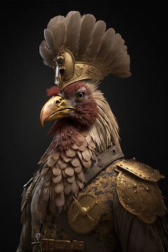 A portrait photo of a rooster / hen as a war hero by Digitale Schilderijen