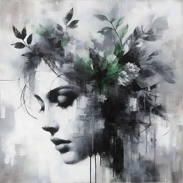 visage de femme blanc noir plantes sur FoXo Art