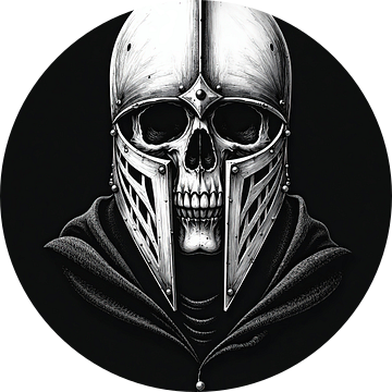 Schedel in middeleeuwse helm en gewaad met capuchon