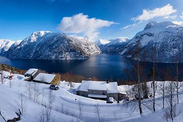 Geiranger fjord in een winters landschap van qtx